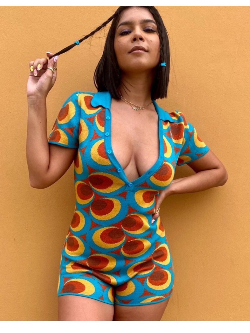 Retro Geo Print Knit Romper - Turquoise Multi